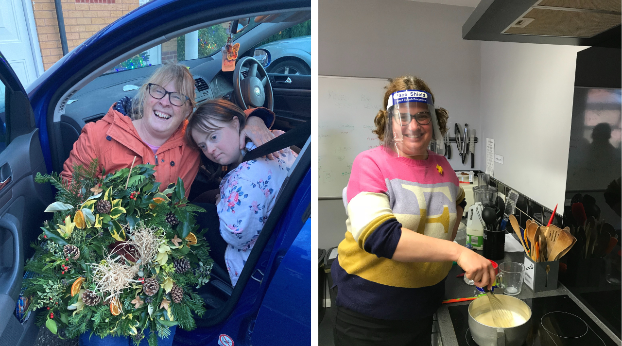 picture of someone with a bunch of flowers and baking a cake